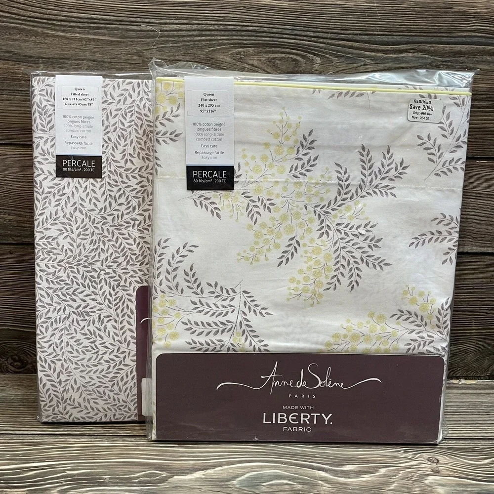 Anne de Solene Paris Mimosa Queen Fitted & Flat Sheet Percale 100% Combed Cotton